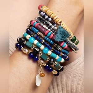 3148- Bohemian Multi Color Beaded Stretch Bracelet Set w Charms & Tassel Accent